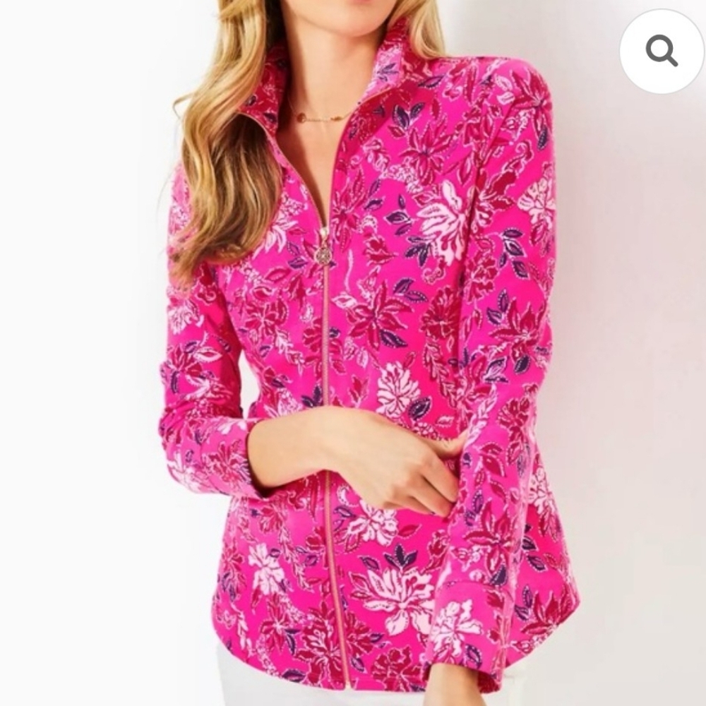 NWT Lilly Pulitzer Leona UPF 50+ Zip -Up Jacket Passion Fruit Pink Giraffic Park